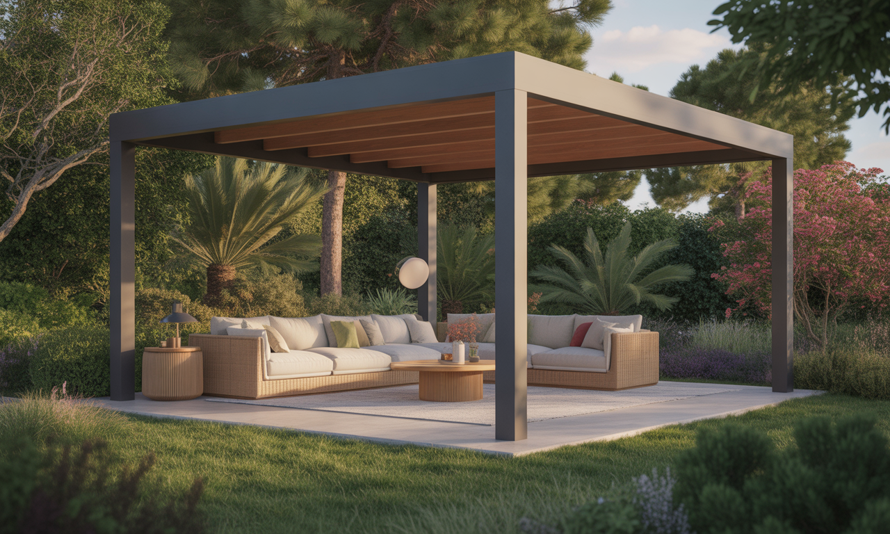 optez pour une pergola bioclimatique 4x3 et profitez de votre terrasse ou jardin en toute saison. contrôlez la lumière et la ventilation pour un espace extérieur confortable, design et protégé toute l’année !