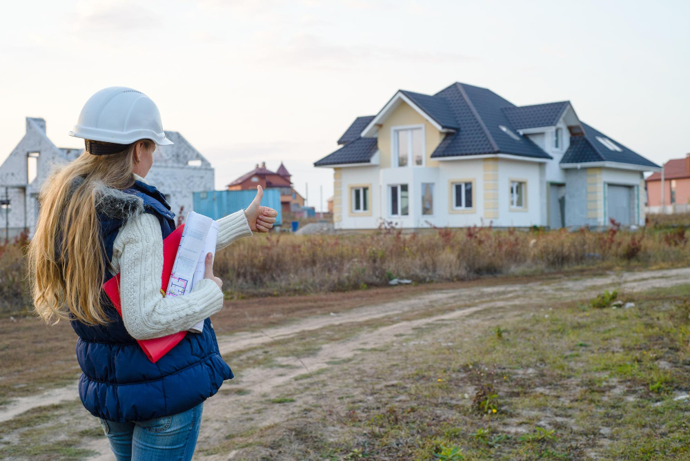 une architecte devant une maison en construction
